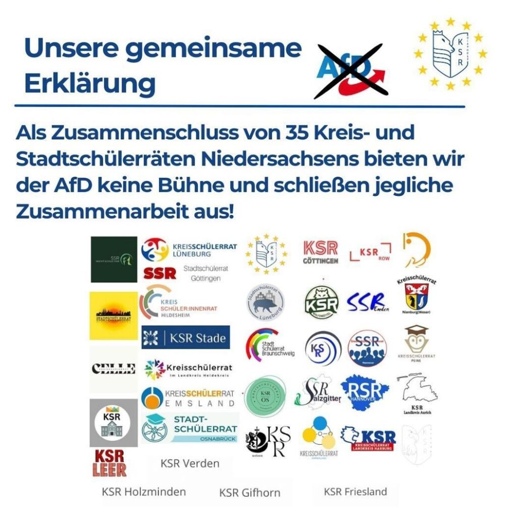 Unsere gemeinsame Erklärung: Als Zusammenschluss von 35 Kreis- und Stadtschüleräten Niedersachsens bieten wir der AfD keine Bühne und schließen jegliche Zusammenarbeit aus! Darunter Logos.