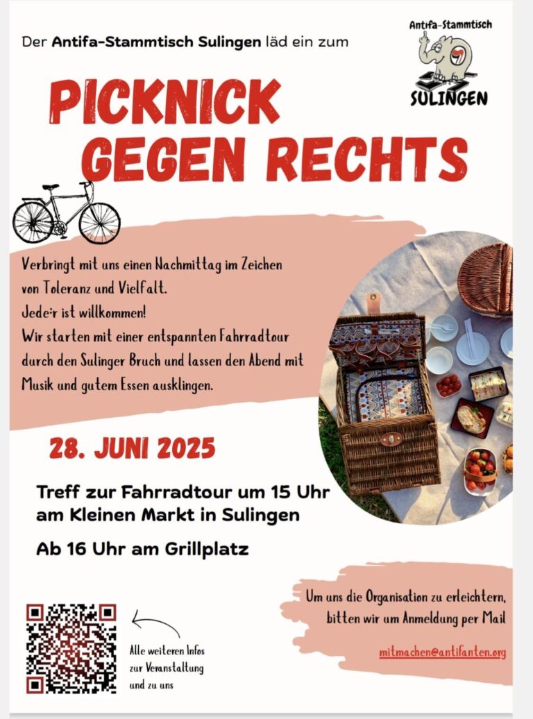 Bild mit Schrift: "Der Antifa-Stammtisch Sulingen läd ein zum Picknick gegen Rechts. Verbringt mit uns einen Nachmittag im Zeichen der Vielfalt. Jede*r ist willkommen. Wir starten mit einer entspannten Radtour durch den Sulinger Bruch und lassen den Abend mit Musik und gutem Essen ausklingen." Darunter: "28. Juni 2025, Treff zur Fahrradtour um 15 Uhr am Kleinen Markt in Sulingen. Ab 16 Uhr am Grillplatz." und "Um uns die Organisation zu erleichtern, bitten wir um Anmeldung per Mail: mitmachen@antifanten.org"