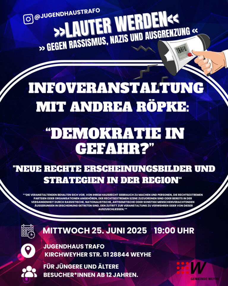 Bild mit Überschrift: "Lauter werden gegen Rassismus und Ausgrenzung", "Infoveranstaltung mit Andrea Röpke: Demokratie in Gefahr?" und Untertitel "Neue Rechte Erscheinungsbilder und Strategien in der Region". Darunter Datum: "Mittwoch 25. Juni 2025, 19:00 Uhr" und Ort: "Jugendhaus Trafo, Kirchweyher Str. 51, 28844 Weyhe" und Hinweis: "Für jüngere und ältere Besucher*innen ab 12 Jahren."