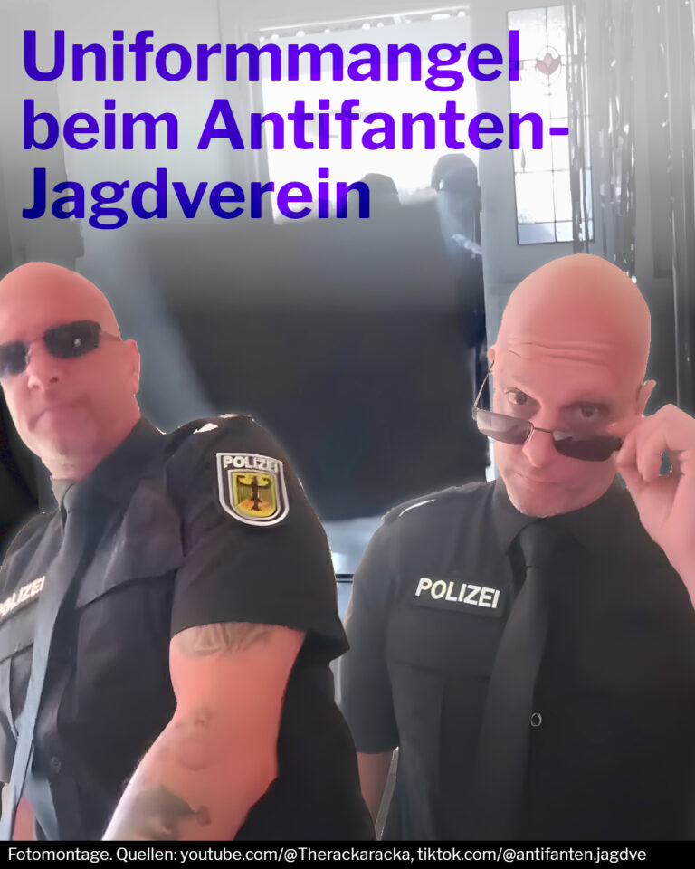 Fotomontage mit Titel: "Uniformmangel beim Antifanten-Jagdverein". Im Hintergrund tritt ein SWAT-Team eine Tür ein, im Vordergrund zwei Ausschnitte von Stephan M. in einer Polizeiuniform und mit Sonnenbrille.