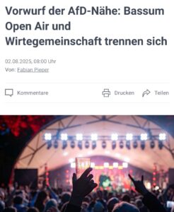 Screenshot eines Artikels von Kreiszeitung.de mit dem Titel "Vorwurf der AfD-Nähe: Bassum Open Air und Wirtegemeinschaft trennen sich", darunter Datum: "02.08.2025, 08:00 Uhr" und Autor Fabian Pieper. Darunter ein Foto der Bühne des Bassum Open Airs mit feiernden Menschen davor.