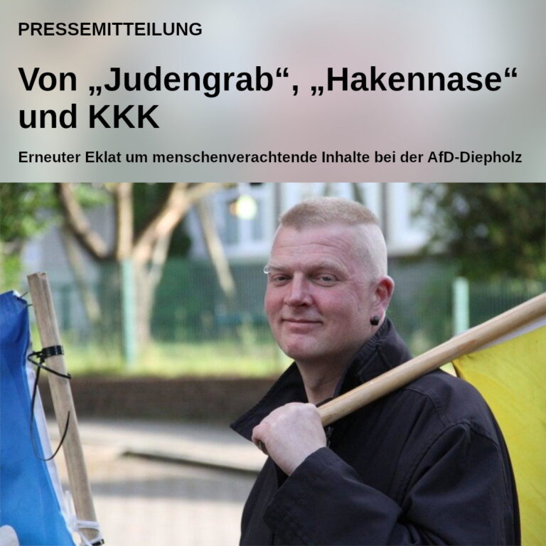 Bild mit Text "Pressemitteilung: Von „Judengrab“, „Hakennase“ und KKK - Erneuter Eklat um menschenverachtende Inhalte bei der AfD-Diepholz", darunter ein Foto von AfD-Kandidat Uwe Mühlenhardt, wie er eine Deutschlandflagge hält.