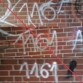 Montage aus drei in silberner Farbe gesprühten Zahlen, alle "1161", an einer Mauer.
