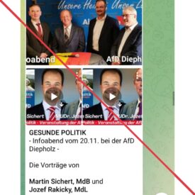 Screenshot aus Telegram: Ein Foto von Andreas Iloff, Jozef Rackicky, Martin Sichert und Josef Kruse vor einer AfD-Wand, darunter zwei Videos mit Martin Sicherts Gesicht. Text: "Gesunde Politik, Infoabend vom 20.11. bei der AfD Diepholz - Die Vorträge von Martin Sichert, MdB und Jozef Rakicky, MdL..."